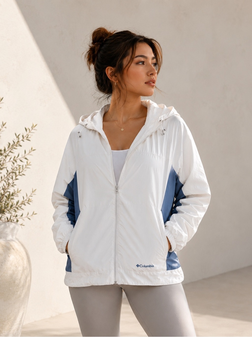 Women's Columbia Lightweight Hooded Windbreaker Jacket White & Light Blue Small
